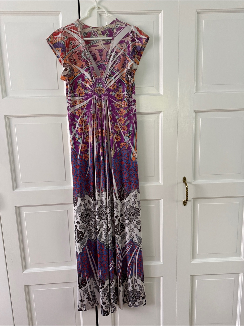 ONE WORLD Purple, Orange and White Floral Geometric V‑Neck Maxi Dress